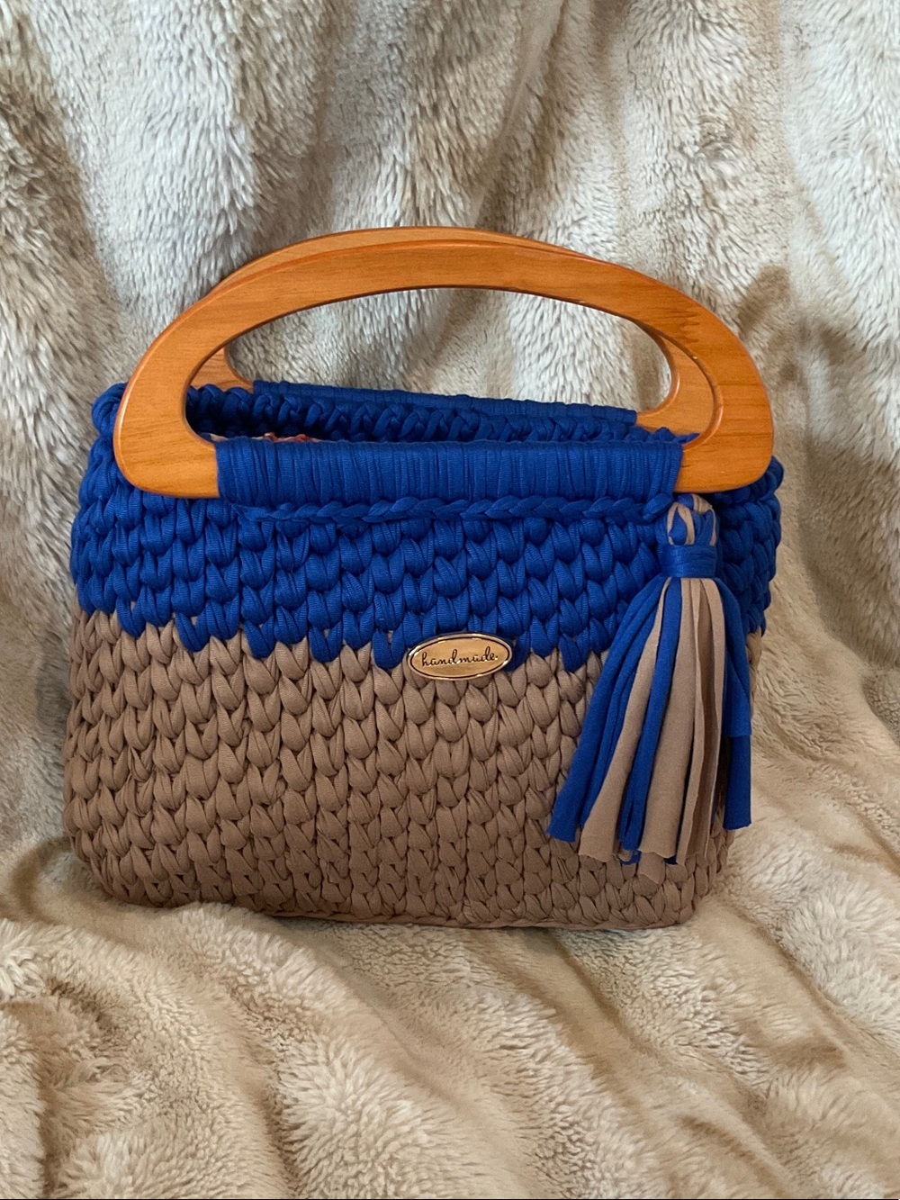 Hand Crocheted Blue and Tan Tote Bag with Wooden Handles.  Handmade By Me!